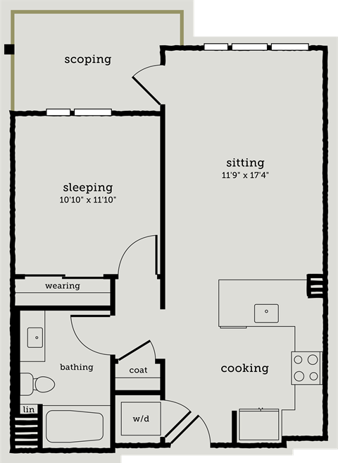 a floor plan of a living room with a kitchen and a bedroom